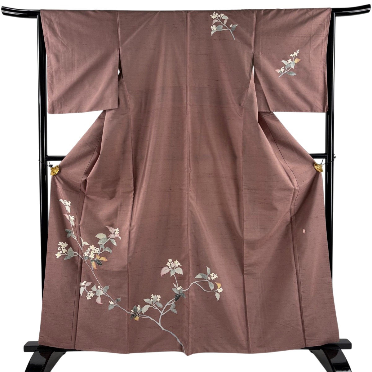 【美品】 訪問着 身丈162.5cm 裄丈65cm M 袷 紬地 落款あり 枝花 薄小豆 正絹 秀品 【中古】 8,378円