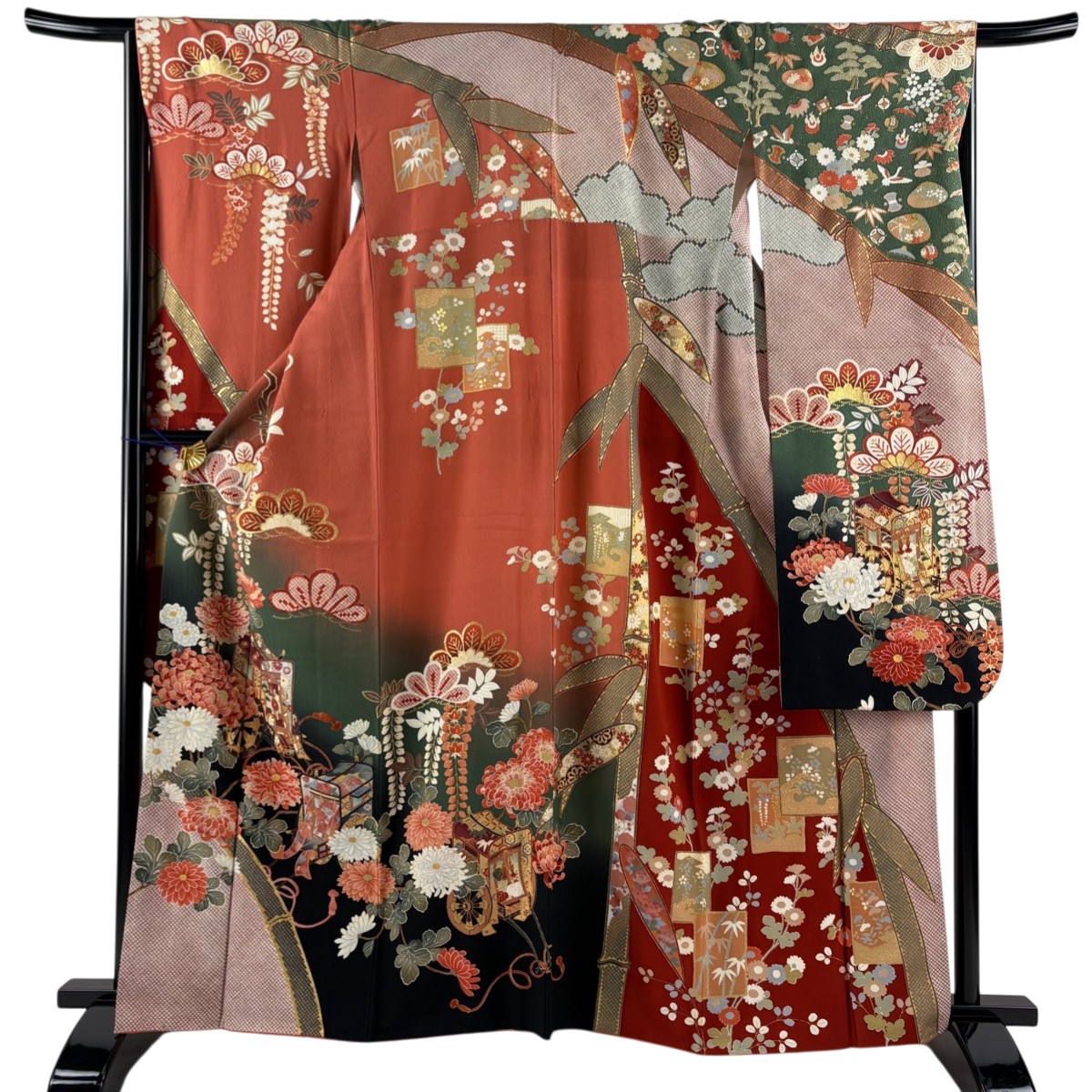 振袖 身丈161cm 裄丈66cm M 袷 御所車 草花 金銀彩 ぼかし 茜色 正絹 秀品 【中古】