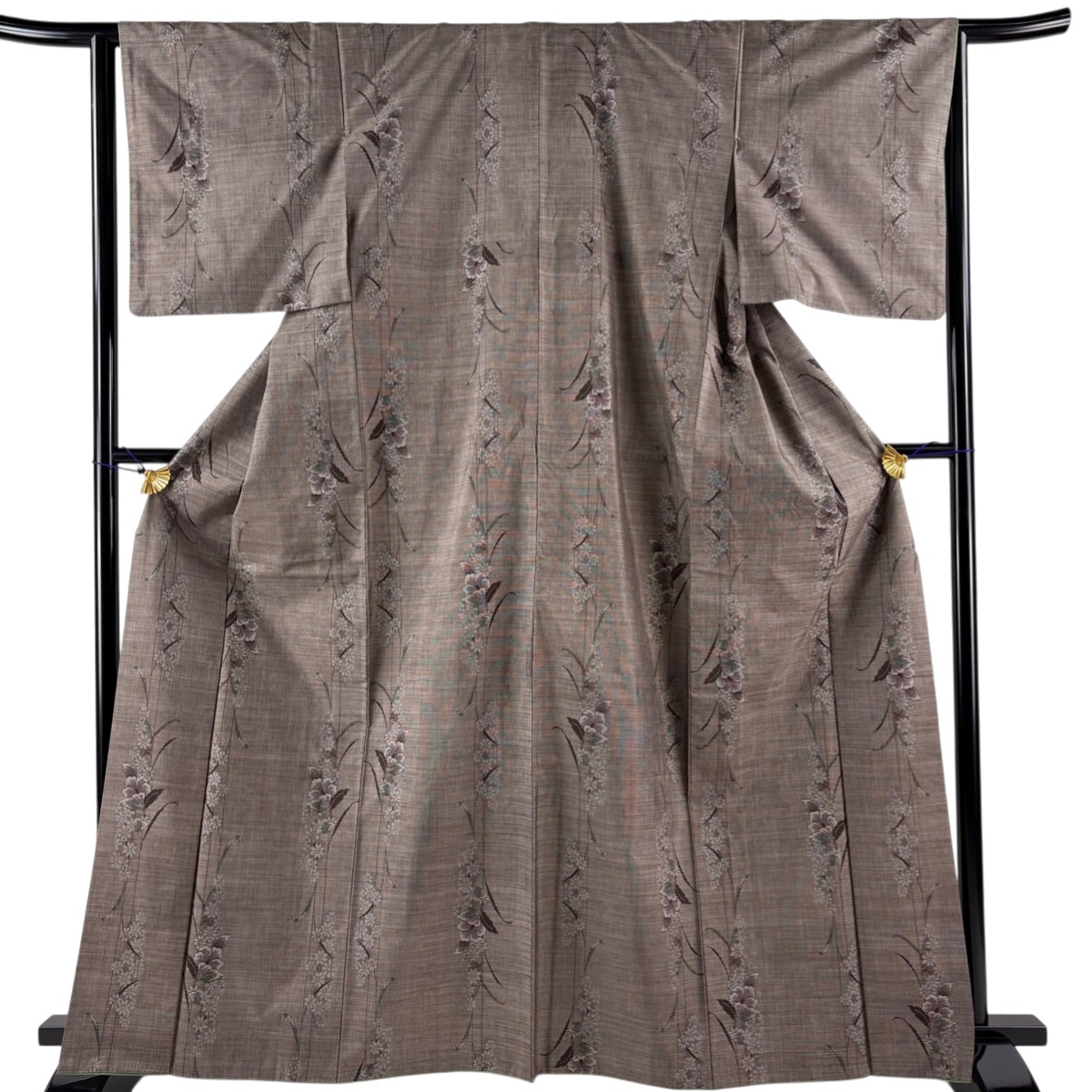 【美品】 紬 身丈166cm 裄丈64cm M 袷 草花 焦茶色 正絹 秀品 【中古】