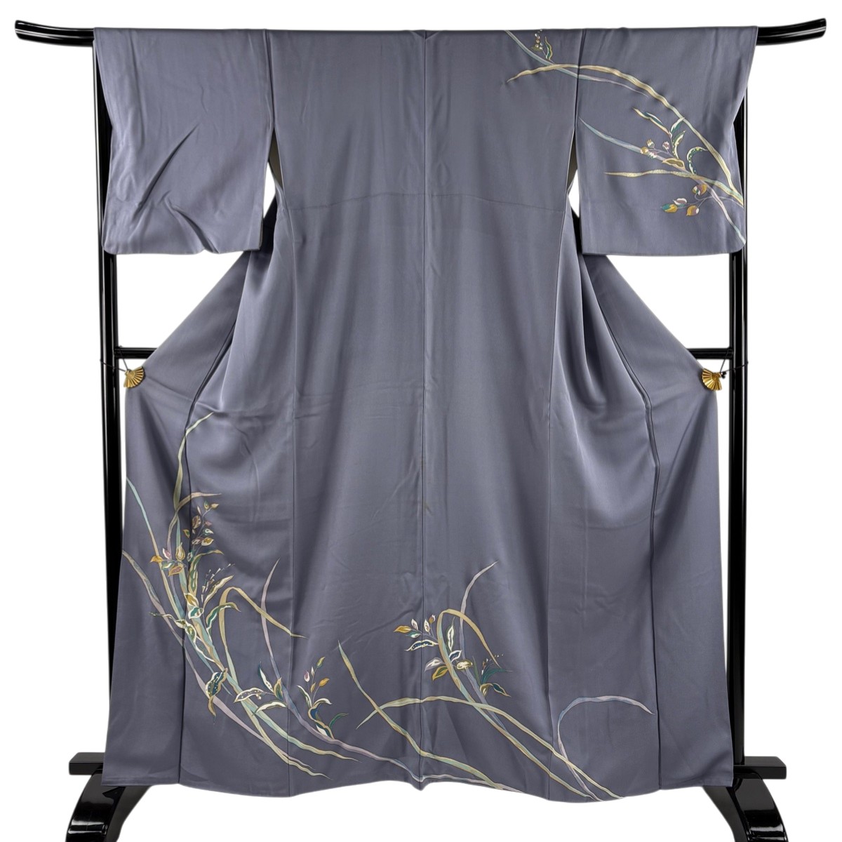 訪問着 身丈161cm 裄丈68cm L 袷 草花 金糸 金彩 青灰色 正絹 秀品 【中古】