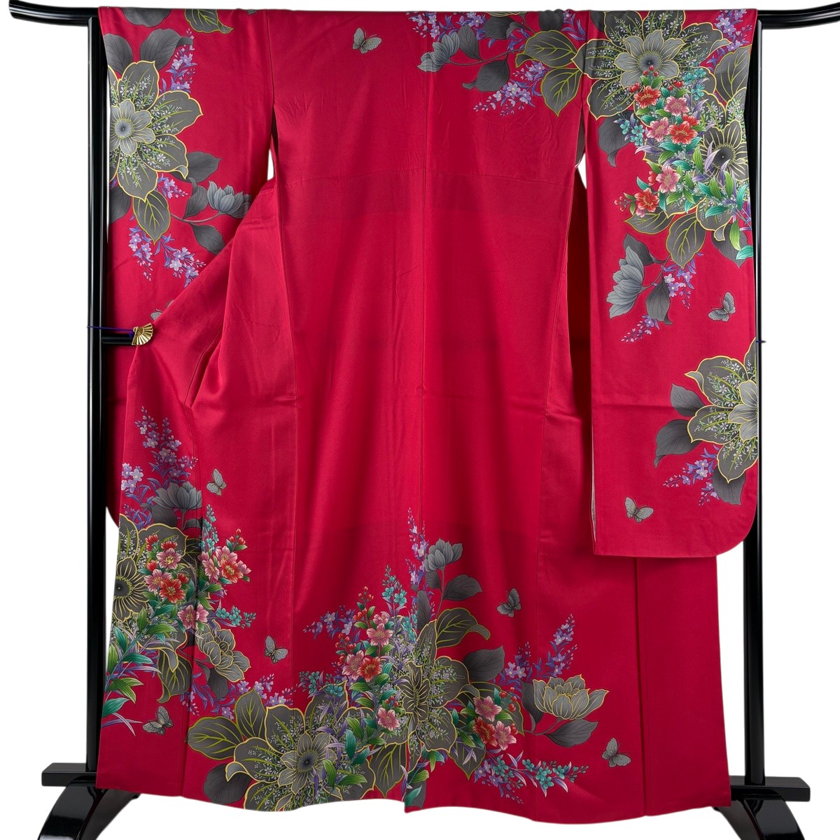 振袖 身丈161.5cm 裄丈65cm M 袷 草花 蝶 箔 濃ピンク 正絹 秀品 【中古】
