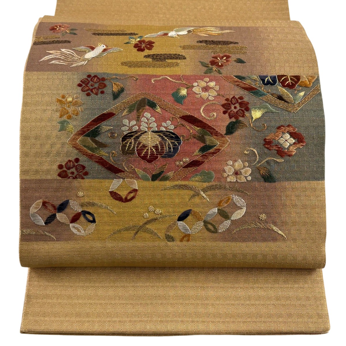 袋帯 秀品 桐 鳥 金糸 山吹茶色 お太鼓柄 正絹 【中古】