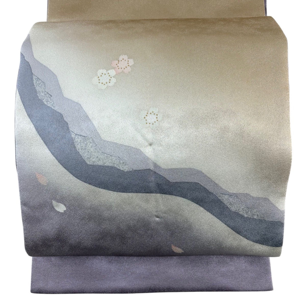 袋帯 秀品 桜 花弁 金彩 銀通し 紫 お太鼓柄 正絹 【中古】