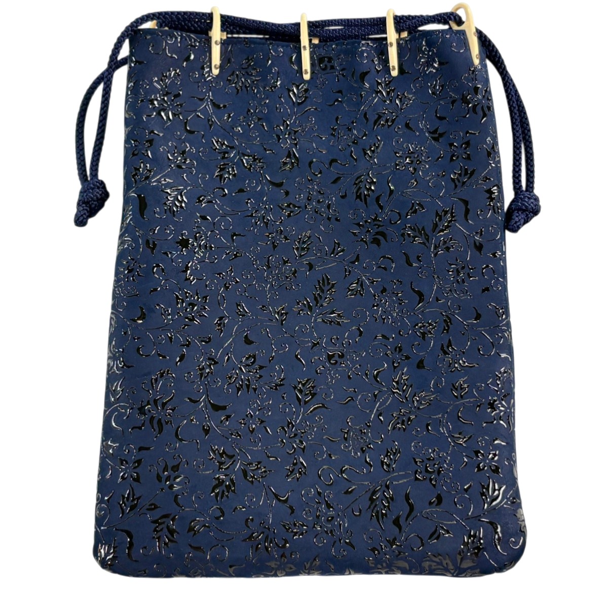 【美品】 和装バッグ 逸品 合切袋 巾着 印伝 花唐草 紺色 和装小物 【中古】