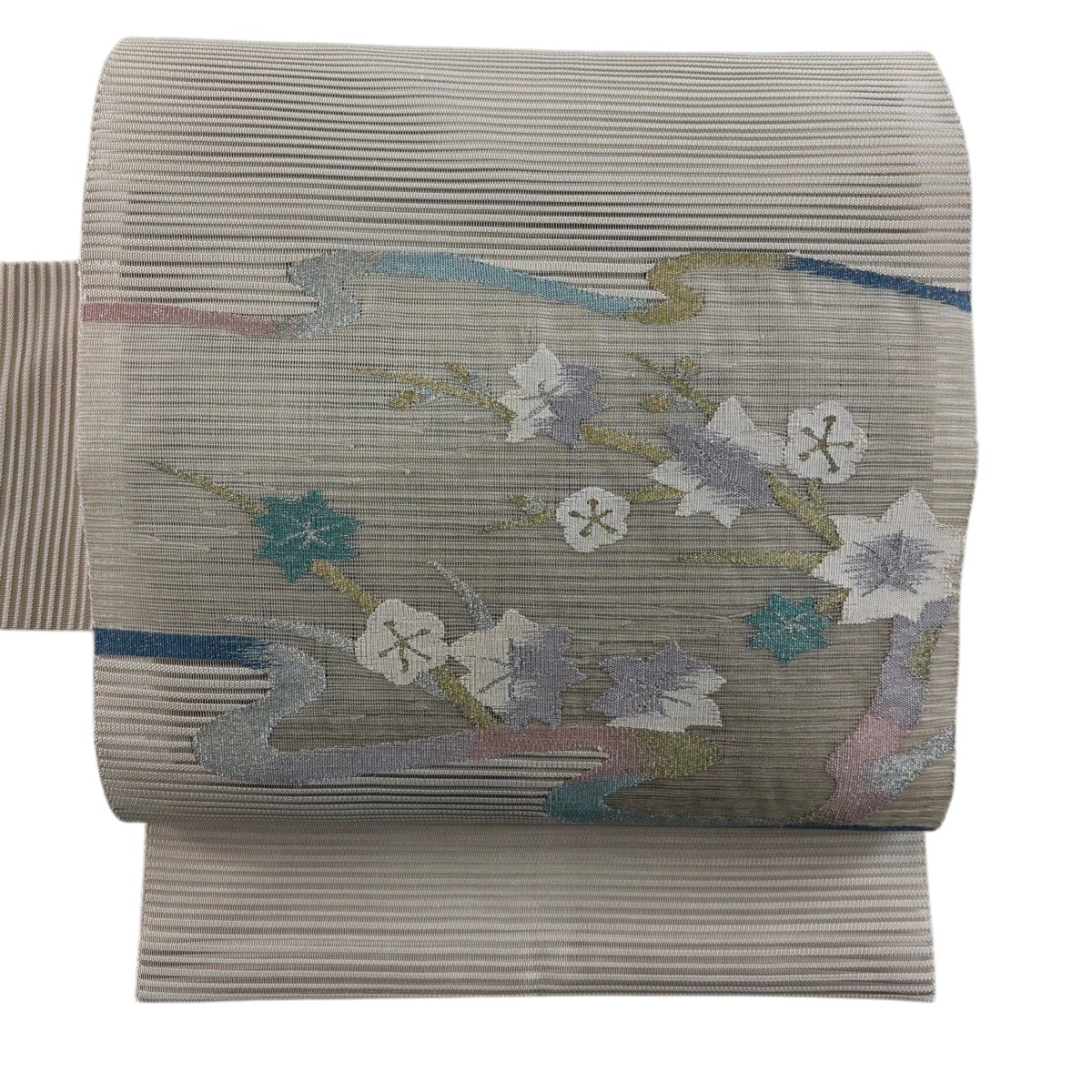 【美品】 名古屋帯 秀品 夏帯 絽 八寸名古屋帯 枝梅 楓 金銀糸 ベージュ 正絹 【中古】