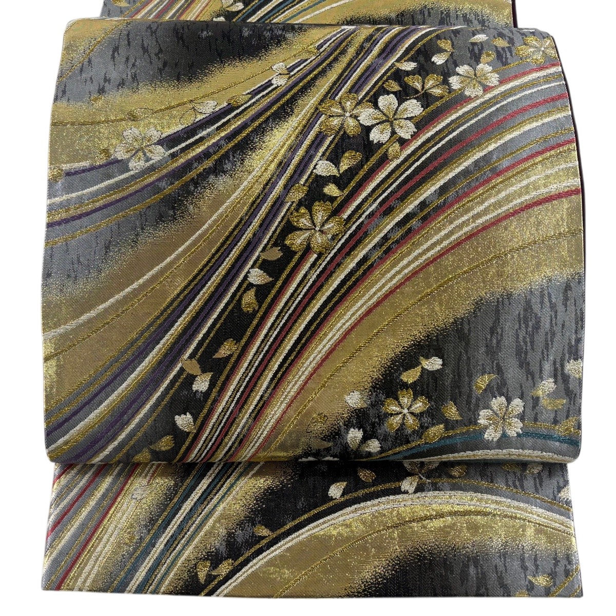 【美品】 袋帯 秀品 振袖向き 桜 桜の花びら 金糸 箔 黒灰 六通 正絹 【中古】
