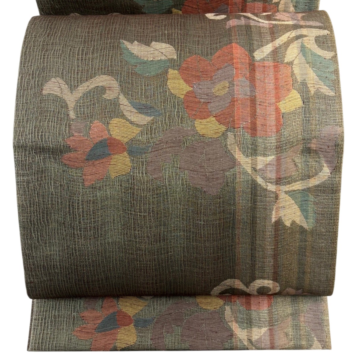 【美品】 袋帯 秀品 花唐草 縞 金糸 灰茶 六通 正絹 【中古】