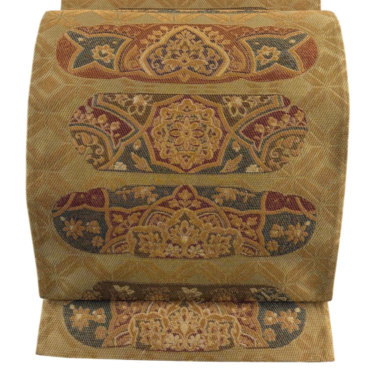 【美品】 袋帯 秀品 華文 七宝 金糸 山吹茶色 六通 正絹 【中古】