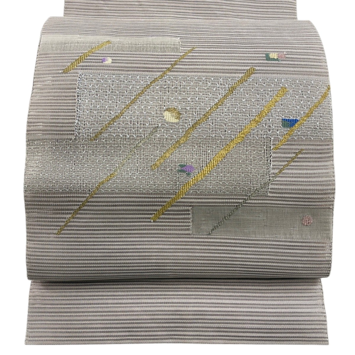 名古屋帯 秀品 夏帯 松葉仕立て 八寸名古屋帯 斜縞 丸文 金銀糸 灰茶 正絹 【中古】