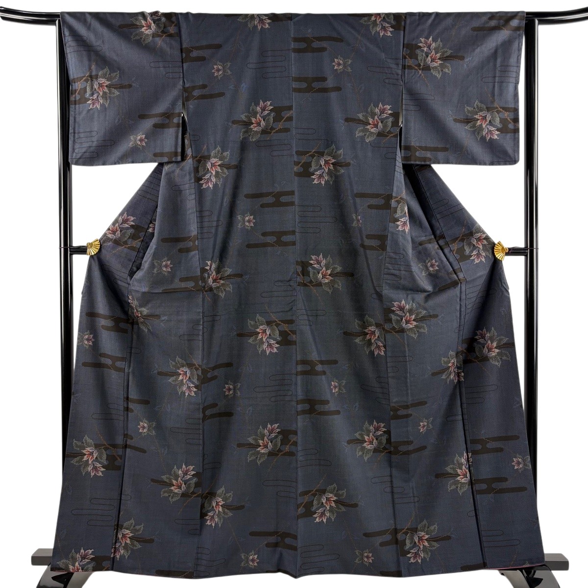【美品】 紬 身丈162cm 裄丈65cm M 袷 草花 ヱ霞 濃紺 正絹 秀品 【中古】
