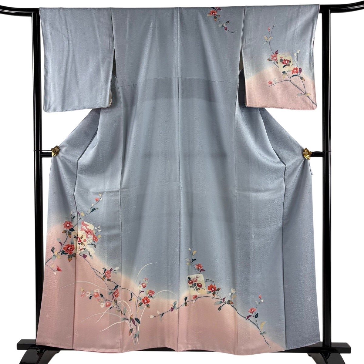 訪問着 身丈160.5cm 裄丈63.5cm S 袷 色紙 枝花 染め分け ぼかし 青灰色 正絹 秀品 【中古】