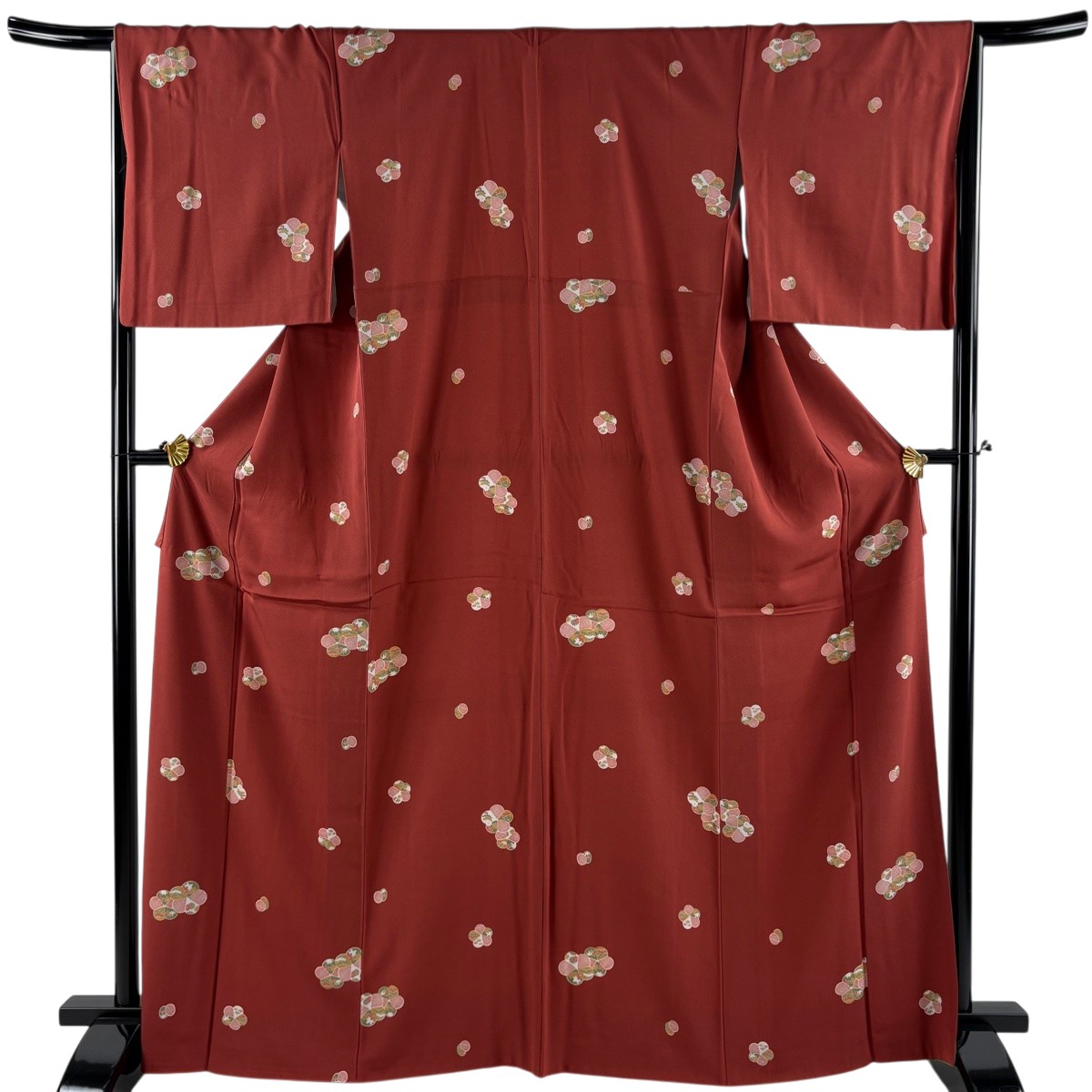 【美品】 小紋 身丈167cm 裄丈66cm M 袷 松竹梅 菊 茜色 正絹 秀品 【中古】