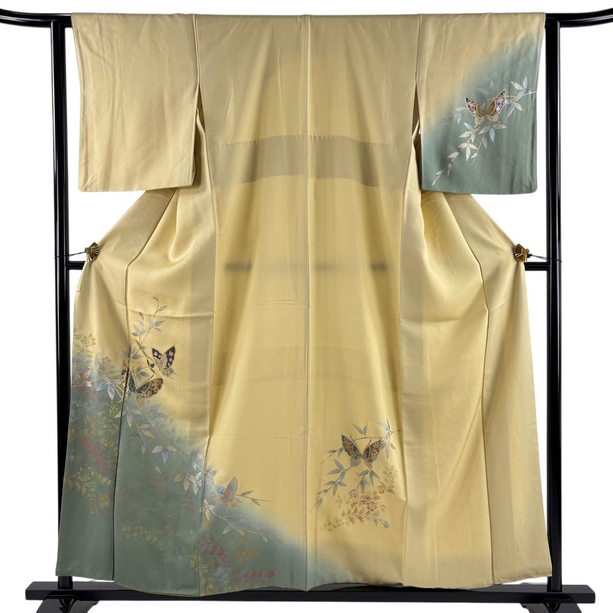 訪問着 身丈157.5cm 裄丈62.5cm S 袷 蝶 草花 螺鈿 金銀彩 ベージュ 正絹 秀品 【中古】