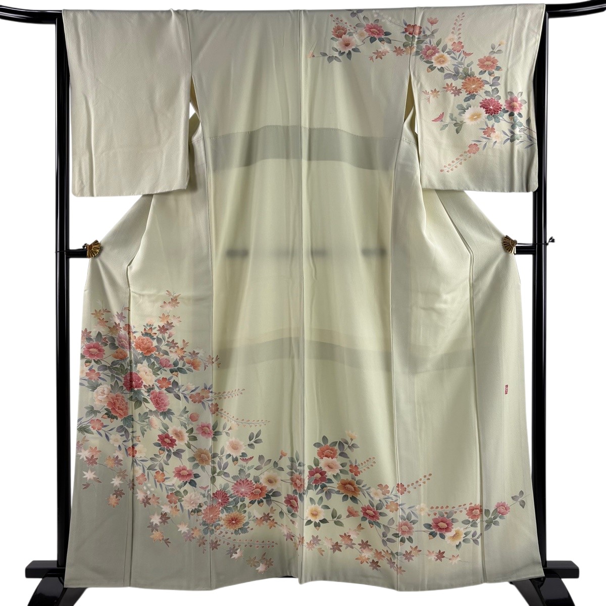 訪問着 身丈161.5cm 裄丈66cm M 袷 鈴乃屋 落款あり 草花 菊 ぼかし 薄緑 正絹 秀品 【中古】