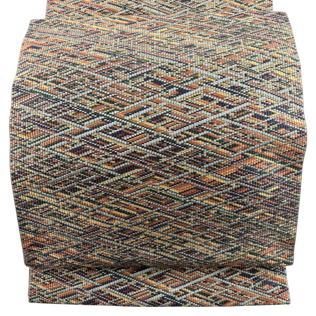 【美品】 名古屋帯 秀品 八寸名古屋帯 菱 幾何学模様 灰緑 正絹 【中古】