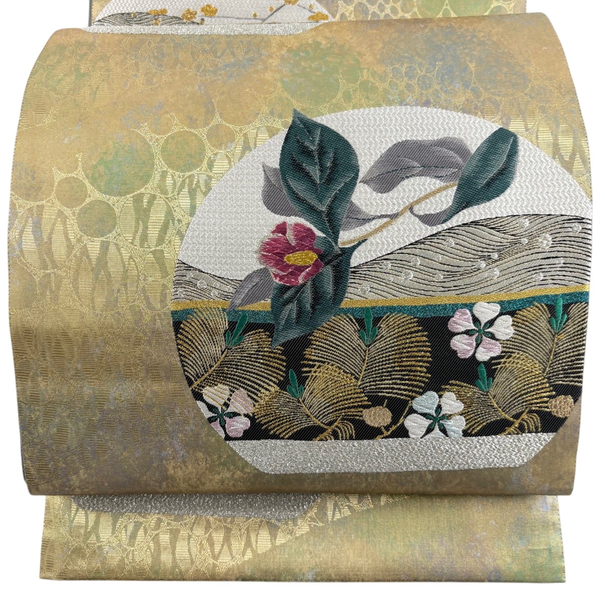 【美品】 袋帯 秀品 若松 草花 金銀糸 箔 金色 六通 正絹 【中古】