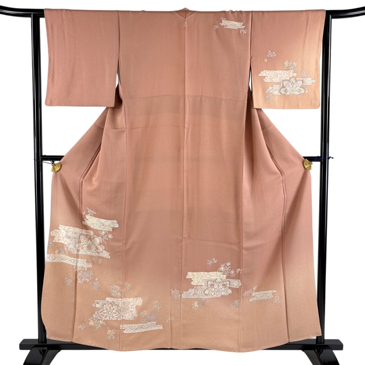 【美品】 訪問着 身丈158cm 裄丈63.5cm S 袷 霞 草花 蘇州刺繍 ぼかし 薄小豆 正絹 秀品 一つ紋 【中古】