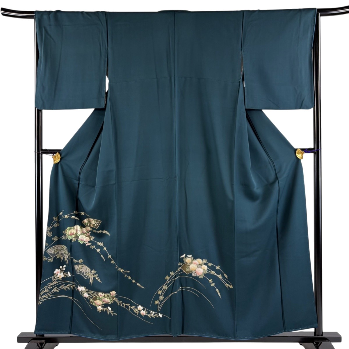 付下げ 身丈157cm 裄丈65cm M 袷 扇面 菊 金銀彩 深緑 正絹 秀品 【中古】