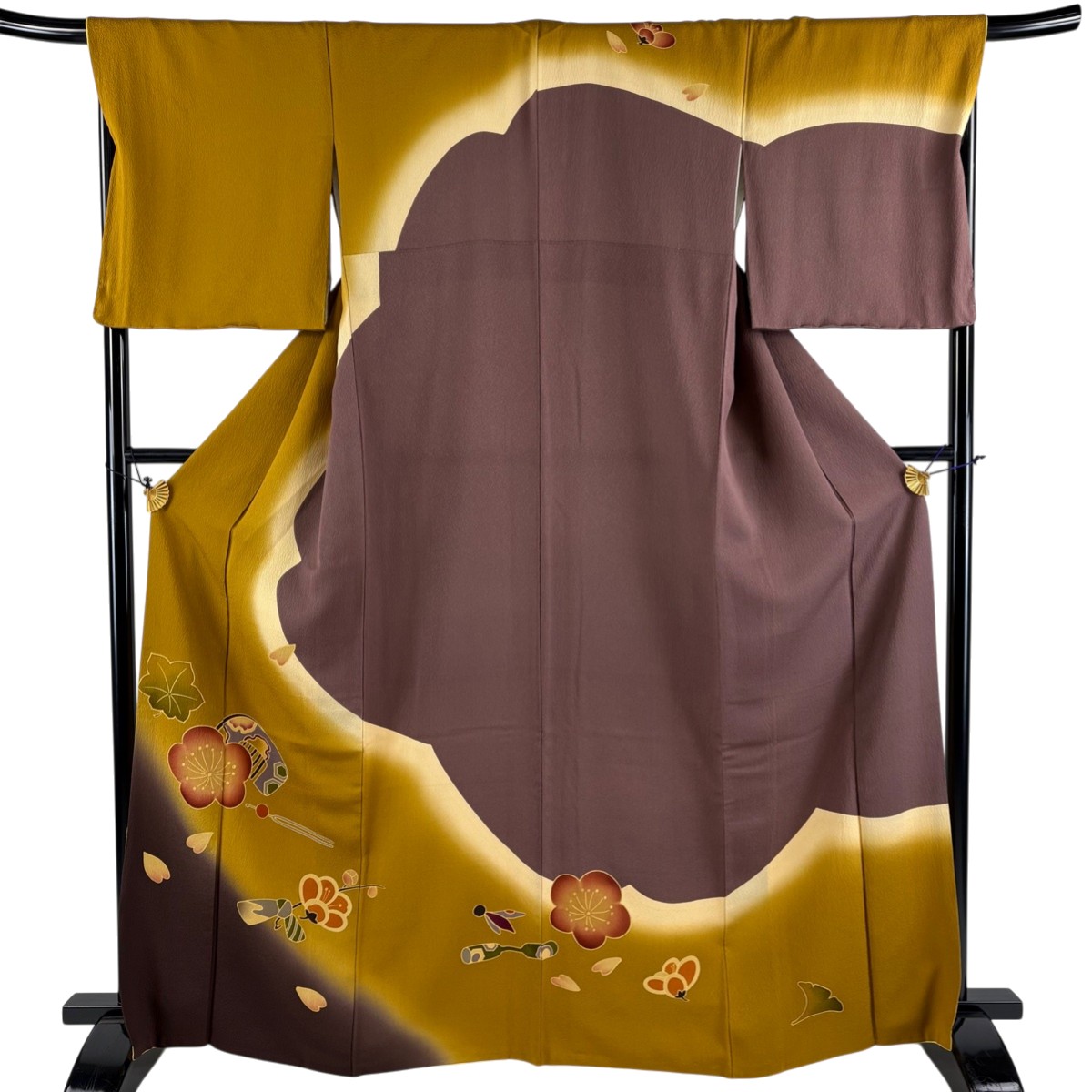 【美品】 訪問着 身丈166cm 裄丈69.5cm L 袷 梅 櫛 金彩 ぼかし 黄土色 正絹 秀品 【中古】