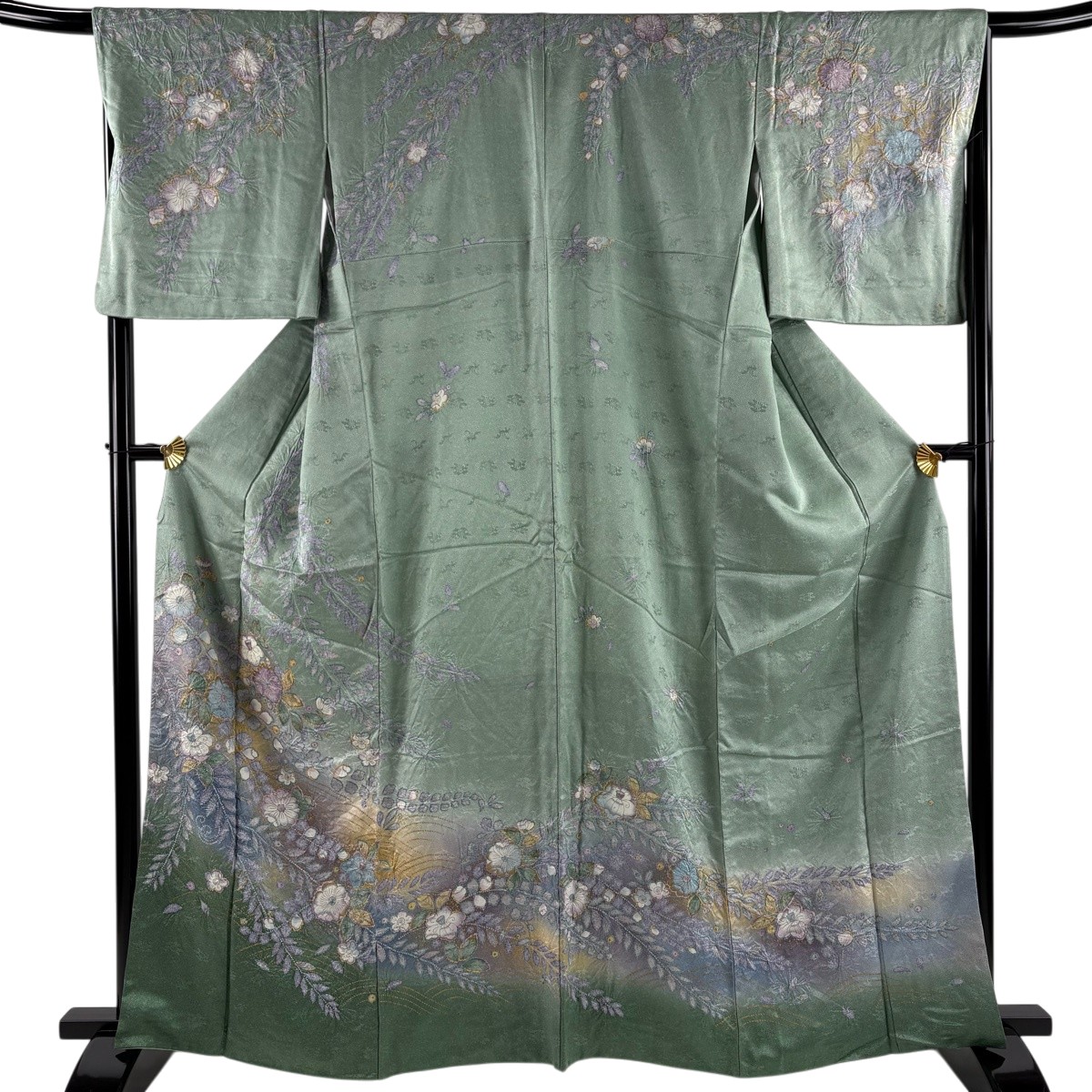 訪問着 身丈163cm 裄丈67cm M 袷 辻が花柄 波 金銀彩 絞り 薄緑 正絹 秀品 【中古】