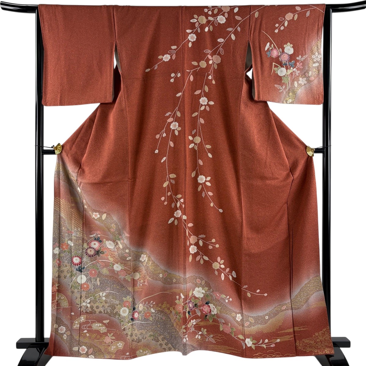 訪問着 身丈163cm 裄丈65cm M 袷 菊 亀甲 金彩 ぼかし 赤茶 正絹 秀品 【中古】
