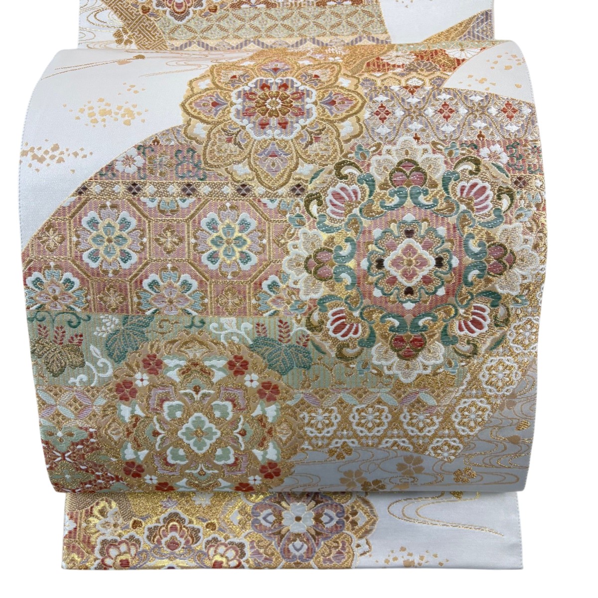 【美品】 袋帯 秀品 華文 扇面 金糸 箔 灰白 六通 正絹 【中古】