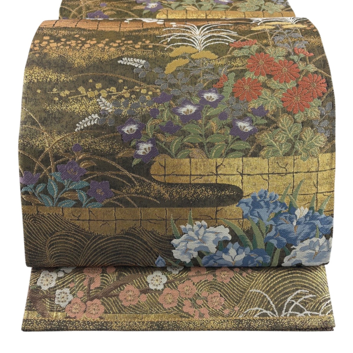 【美品】 袋帯 秀品 じゅらく 落款あり 秋草 枝梅 金糸 刺繍 金色 六通 正絹 【中古】