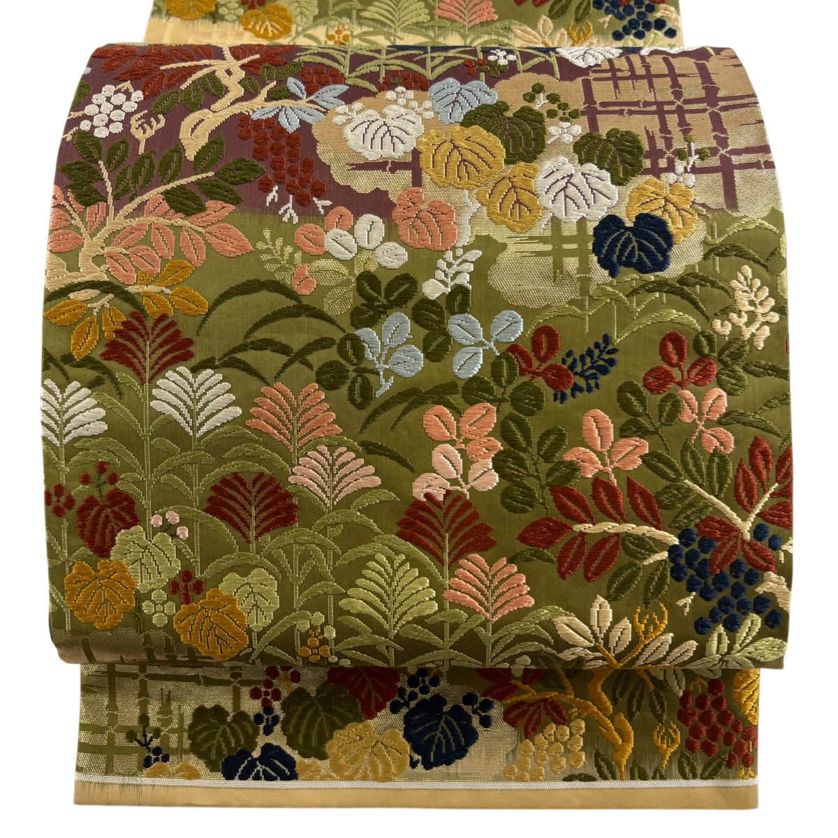 【美品】 袋帯 秀品 関西仕立て 萩 葉と実 唐織 箔 茶緑色 六通 正絹 【中古】