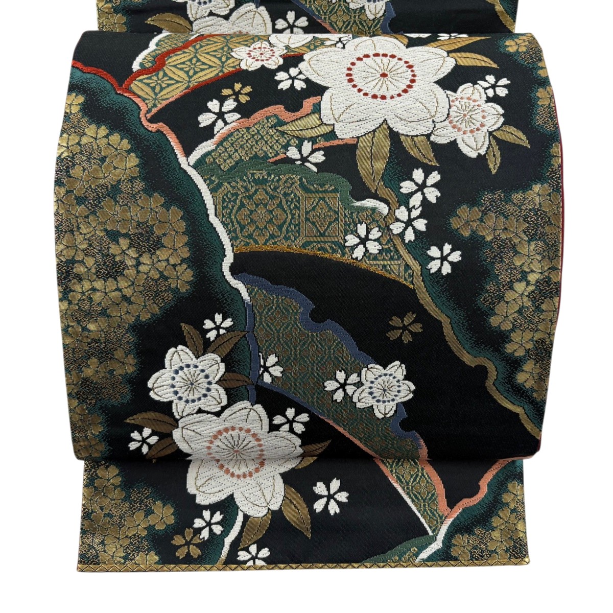【美品】 袋帯 秀品 桜 雪芝 金糸 箔 黒 六通 正絹 【中古】