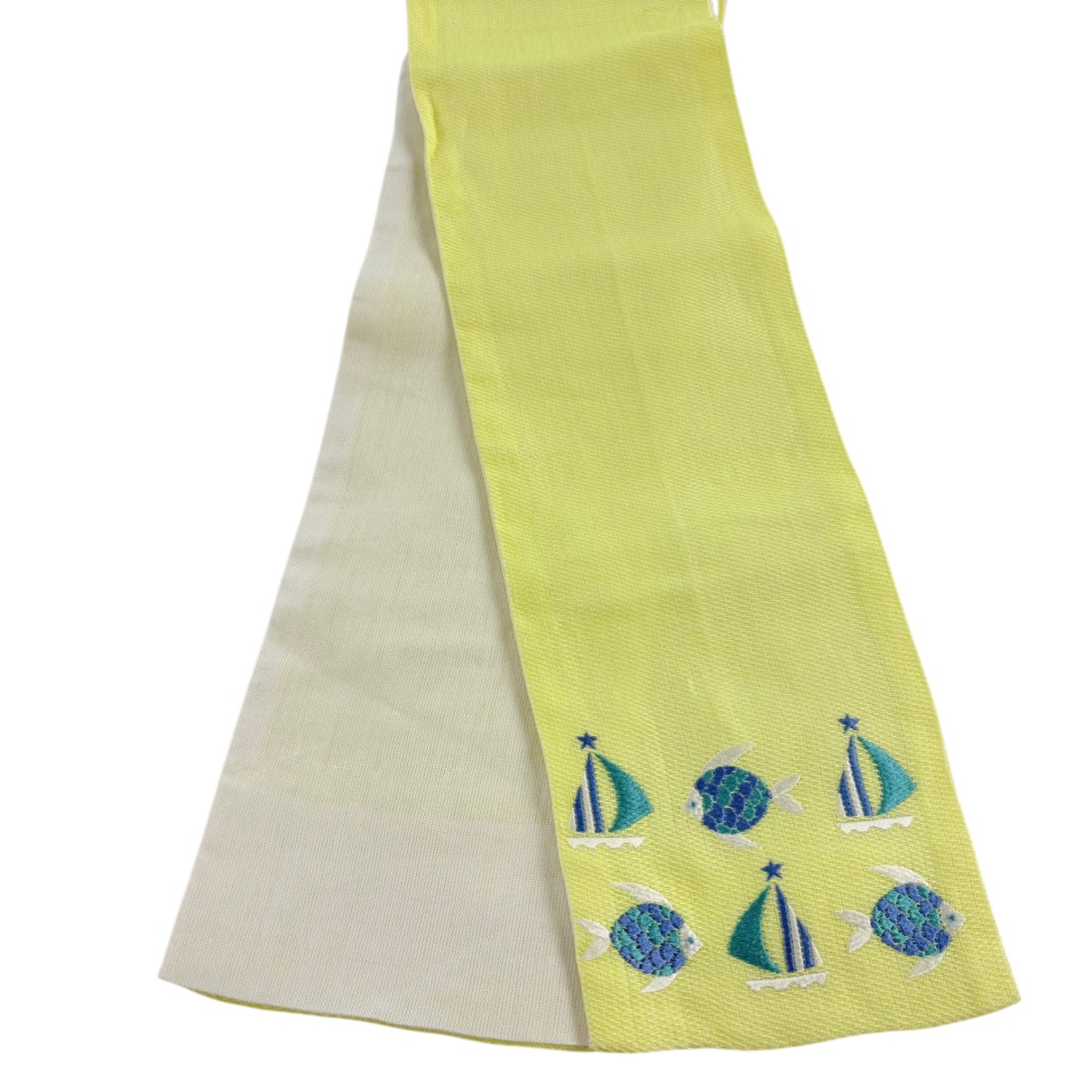 半幅帯 名品 夏帯 魚 ヨット 黄色 正絹 【中古】