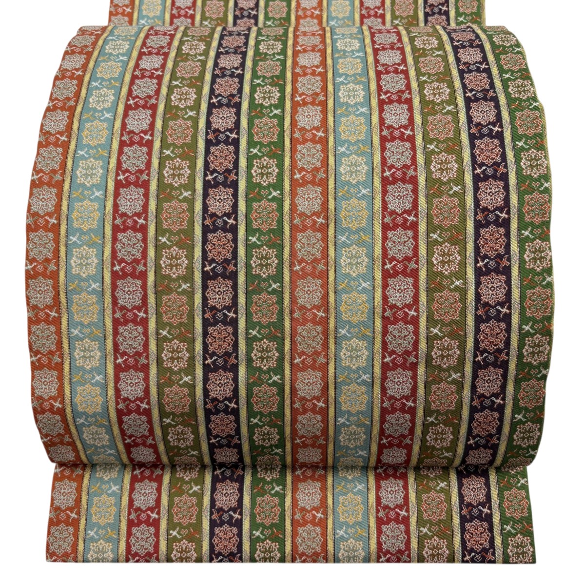 【美品】 開き名古屋帯 逸品 龍村美術織物 比翼仕立て 唐花雙鳥長斑錦 銀糸 茶緑色 正絹 【中古】