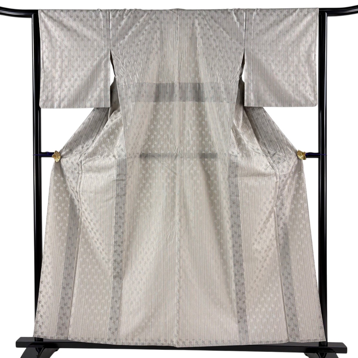 紬 身丈158cm 裄丈64.5cm M 薄物 夏紬 縞 燕 灰色 正絹 名品 【中古】