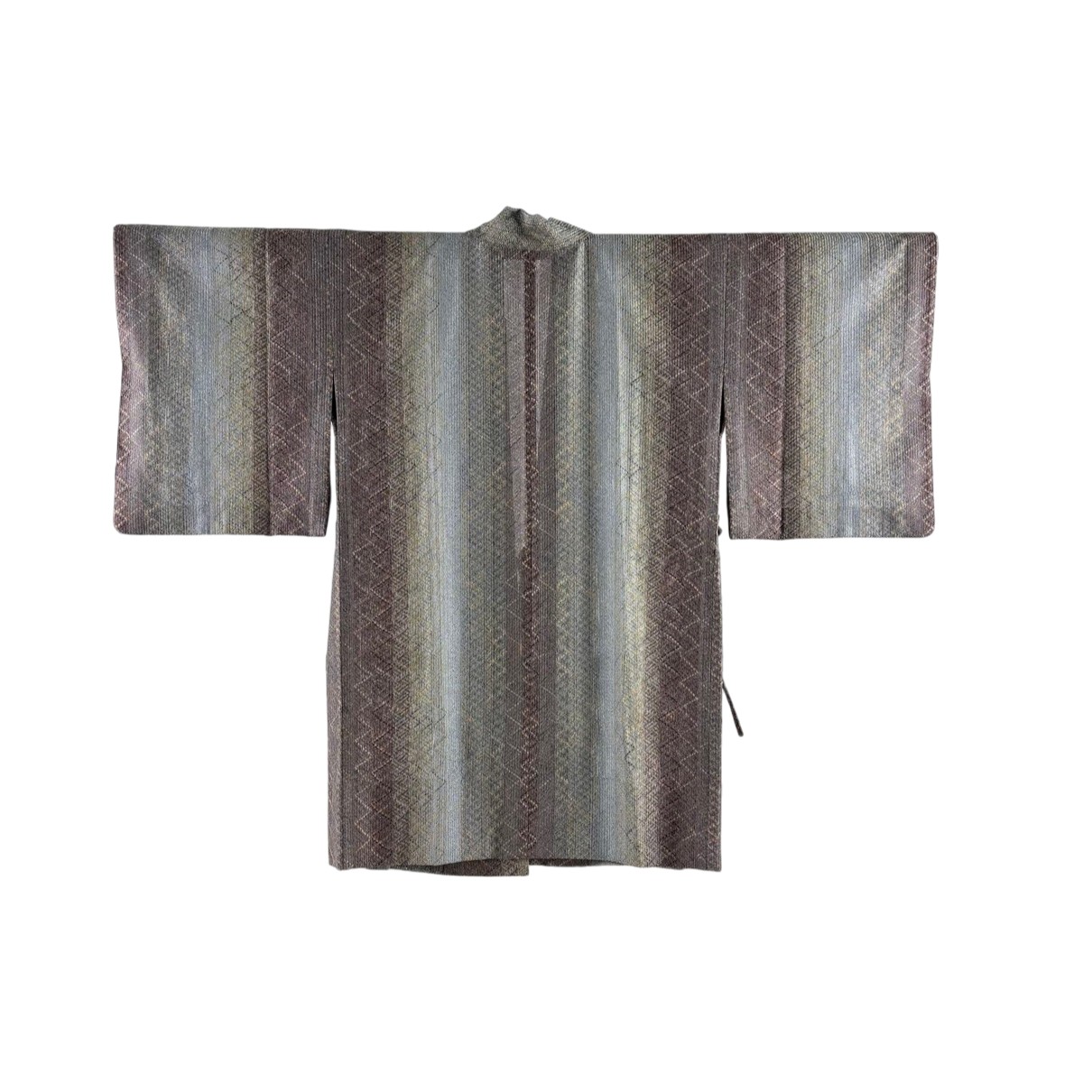 【美品】 道中着 身丈98cm 裄丈64cm M 和装コート 縞 幾何学模様 青灰色 正絹 逸品 【中古】