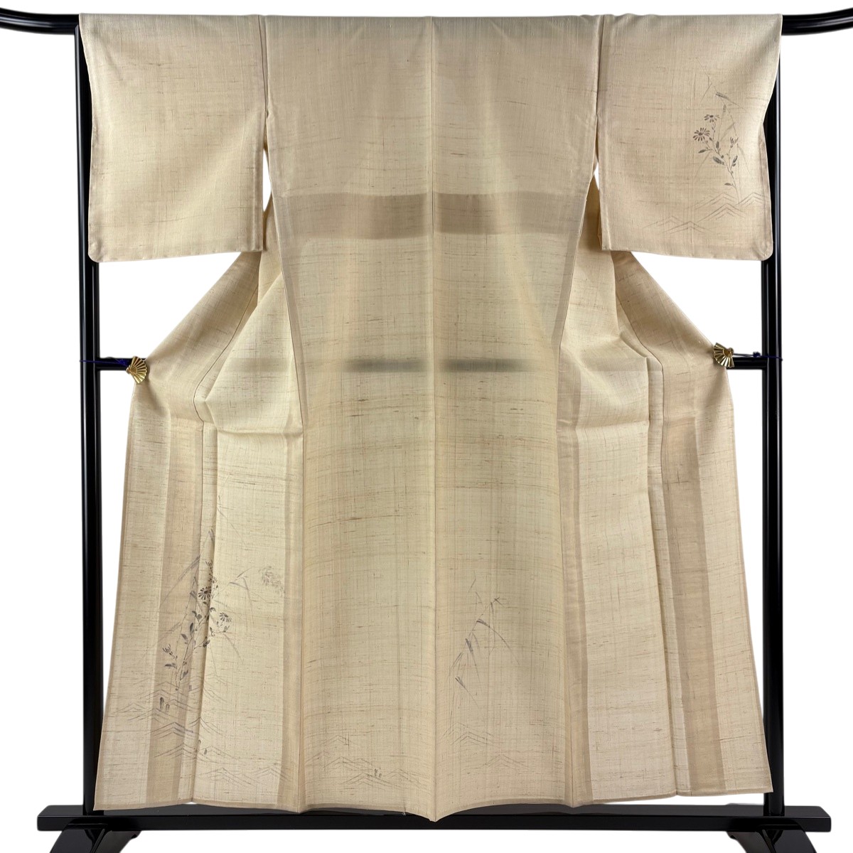 【美品】 付下げ 身丈157cm 裄丈66.5cm M 単衣 紬地 草花 波 銀彩 ベージュ 正絹 名品 【中古】