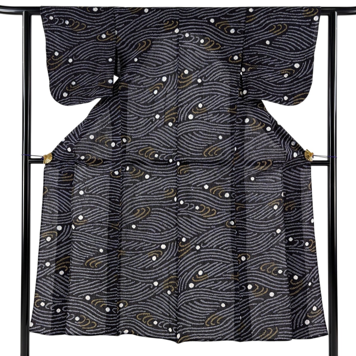 【美品】 浴衣 身丈148.5cm 裄丈68cm L 絞り浴衣 波 しぶき 黒 綿 名品 【中古】