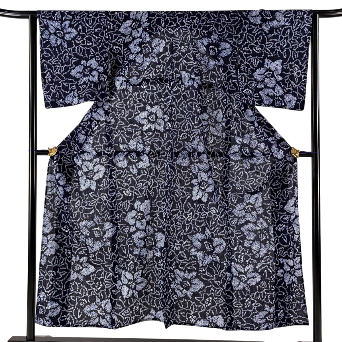 【美品】 浴衣 身丈151cm 裄丈63.5cm S 絞り浴衣 草花 濃紺 綿 名品 【中古】