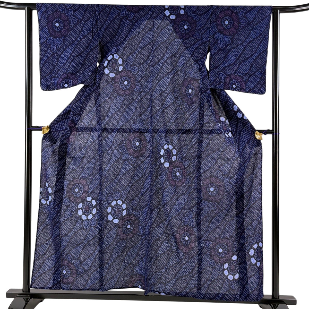 【美品】 浴衣 身丈156.5cm 裄丈62cm S 絞り浴衣 草花 幾何学模様 濃紺 綿 名品 【中古】