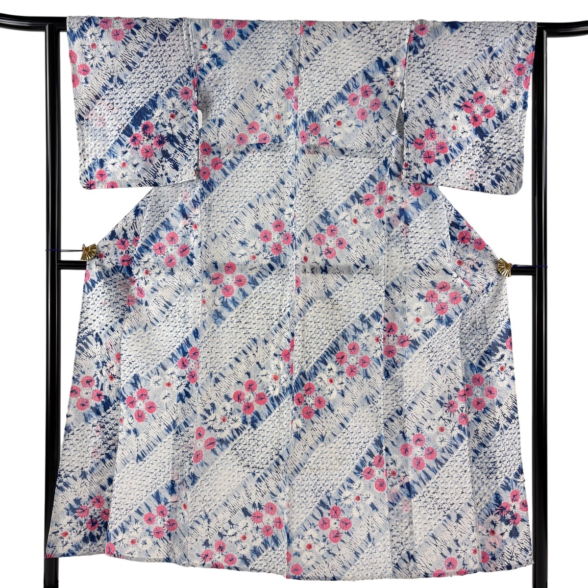 浴衣 身丈151cm 裄丈62.5cm S 絞り浴衣 花 斜縞 白 綿 名品 【中古】