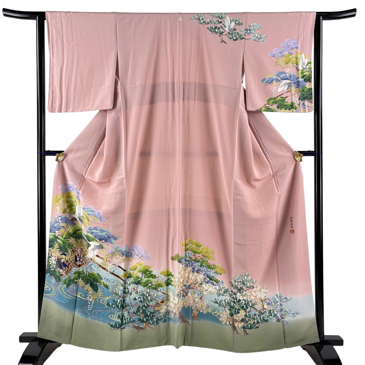 訪問着 身丈162cm 裄丈63cm S 袷 落款あり 鶴 花車 ぼかし 染め分け ピンク 正絹 秀品 一つ紋 【中古】