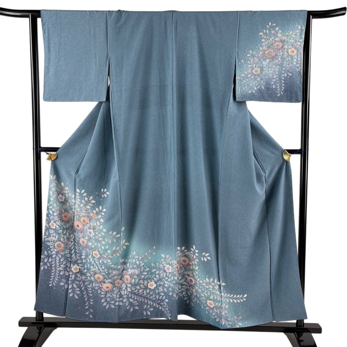 【美品】 訪問着 身丈154cm 裄丈63cm S 袷 辻が花 ぼかし 青灰色 正絹 秀品 【中古】