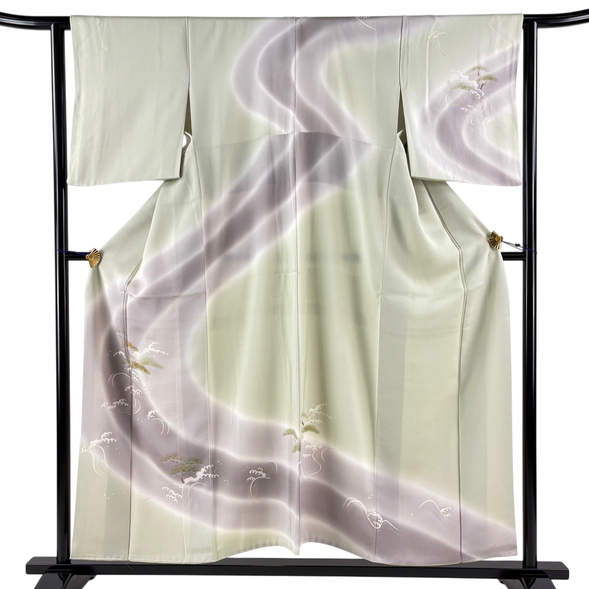 【美品】 訪問着 身丈154cm 裄丈63cm S 袷 松 波頭 金糸 金彩 薄緑 正絹 秀品 【中古】
