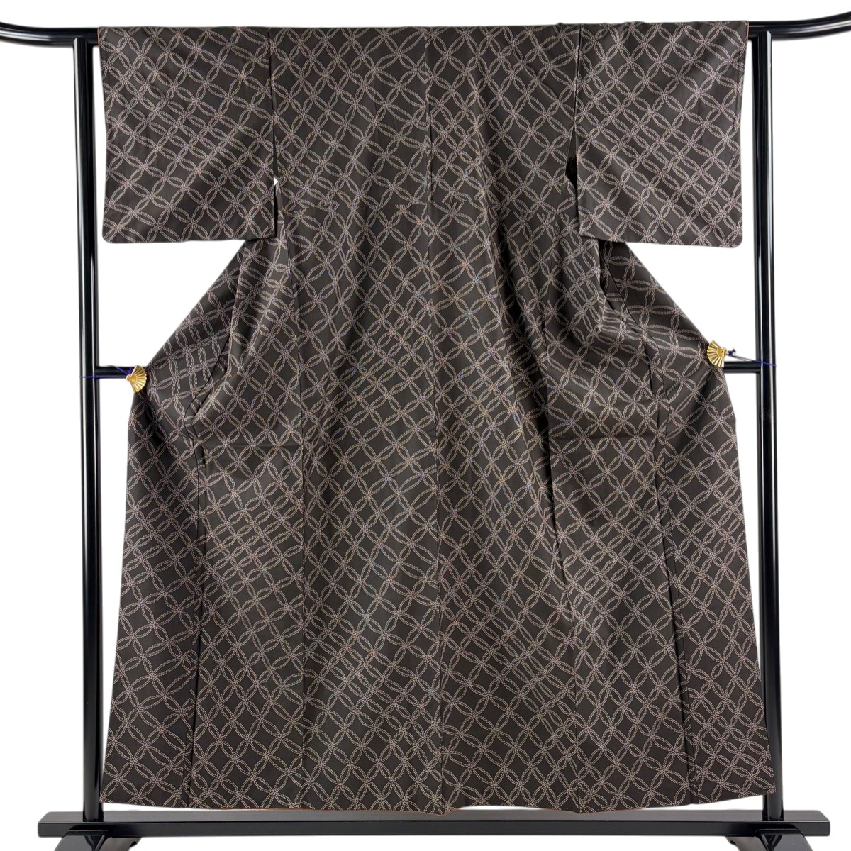 紬 身丈156cm 裄丈62cm S 袷 七宝 焦茶色 正絹 秀品 【中古】