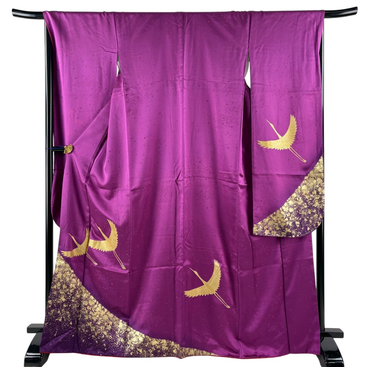 振袖 身丈168cm 裄丈68cm L 袷 鶴 金彩 紫 正絹 秀品 【中古】