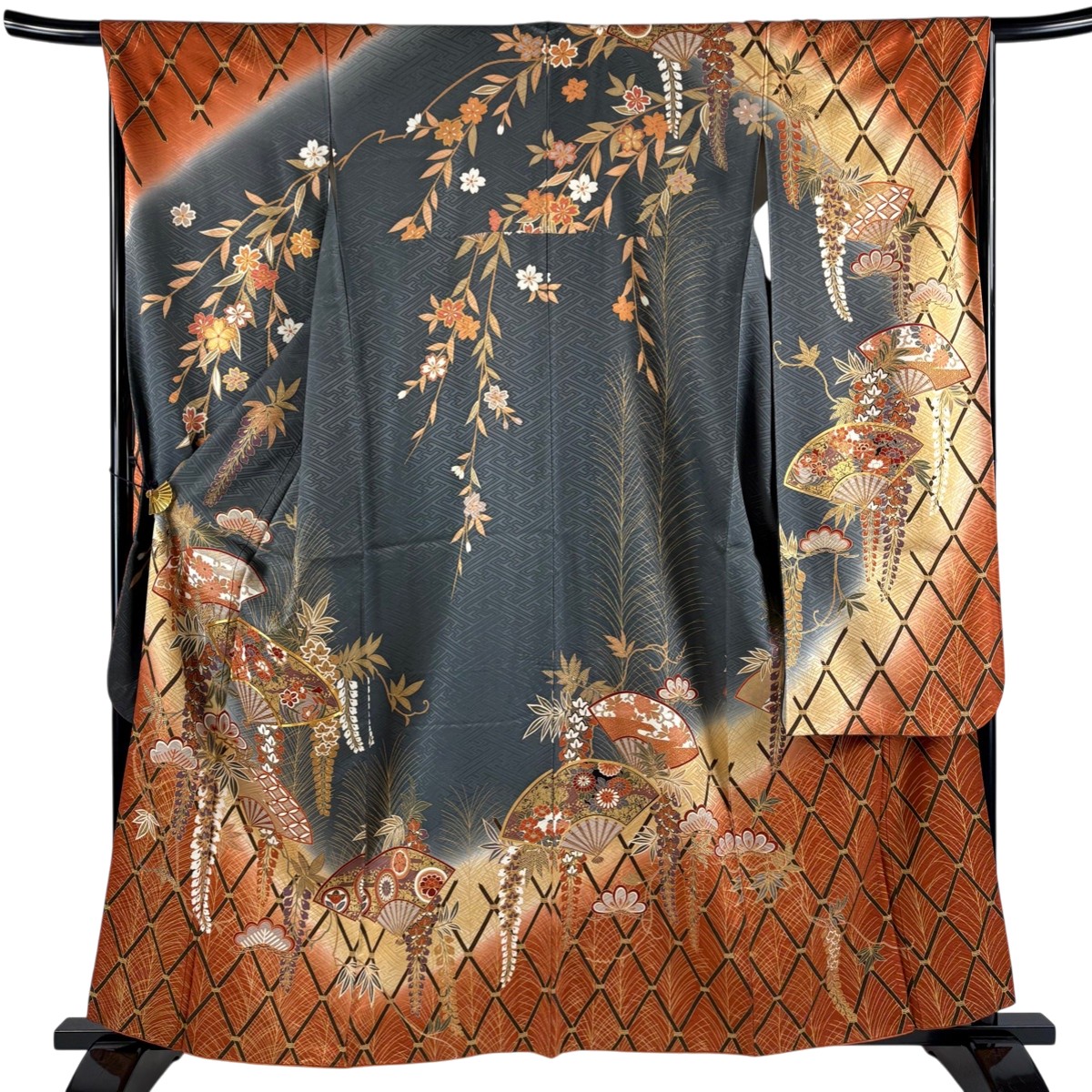振袖 身丈160cm 裄丈67.5cm L 袷 扇 松 金糸 金彩 青灰色 正絹 秀品 【中古】