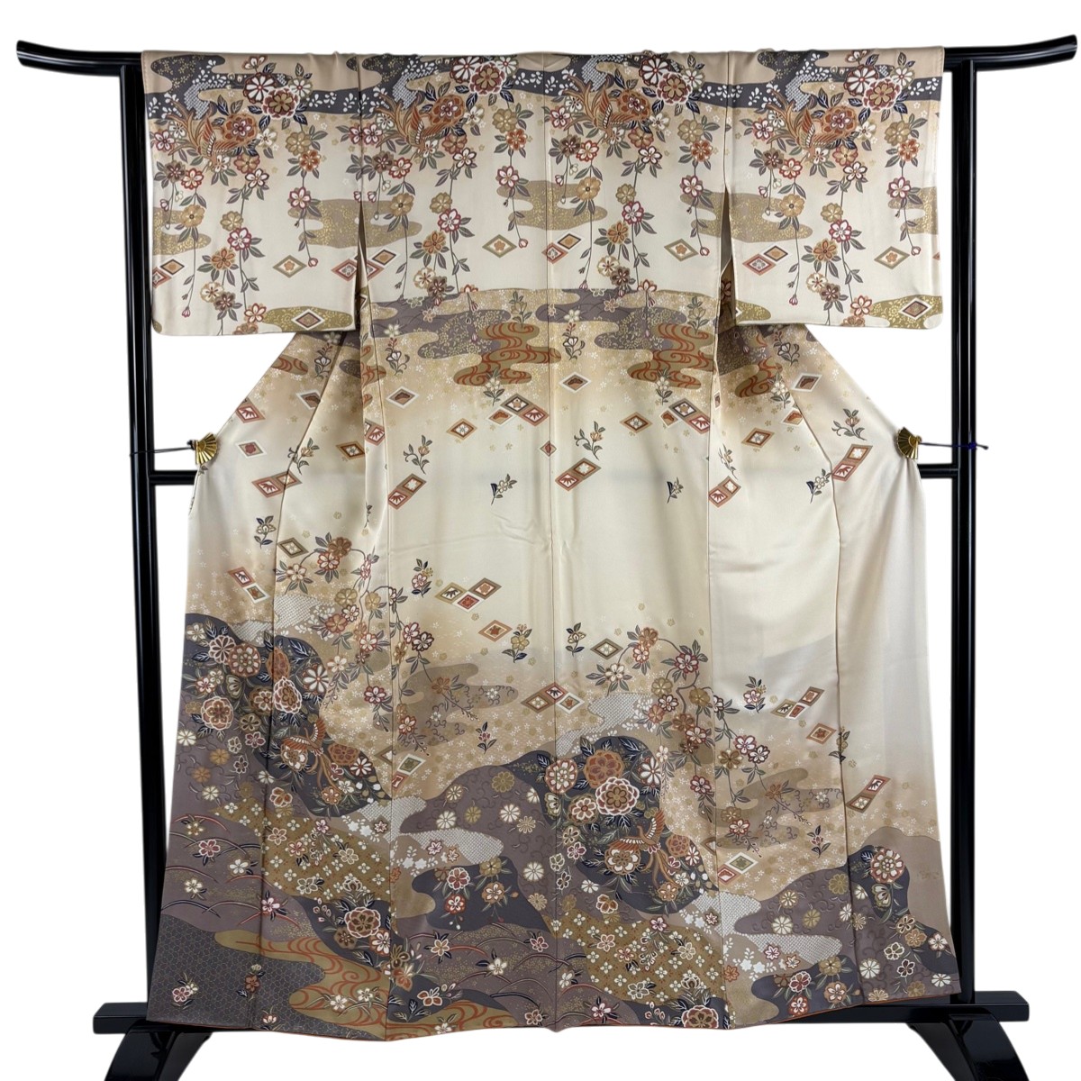 【美品】 訪問着 身丈159cm 裄丈64cm M 袷 鳥 草花 金彩 染め分け ベージュ 正絹 秀品 【中古】