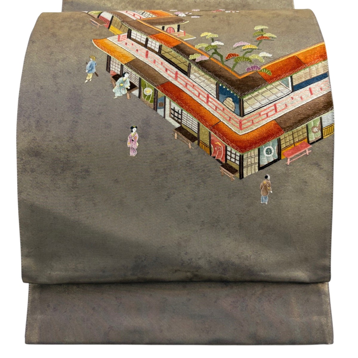 【美品】 袋帯 秀品 風景 人物 刺繍 金糸 金茶 お太鼓柄 正絹 【中古】