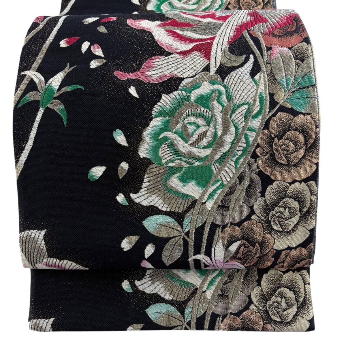 【美品】 袋帯 秀品 薔薇 銀糸 箔 黒 六通 正絹 【中古】
