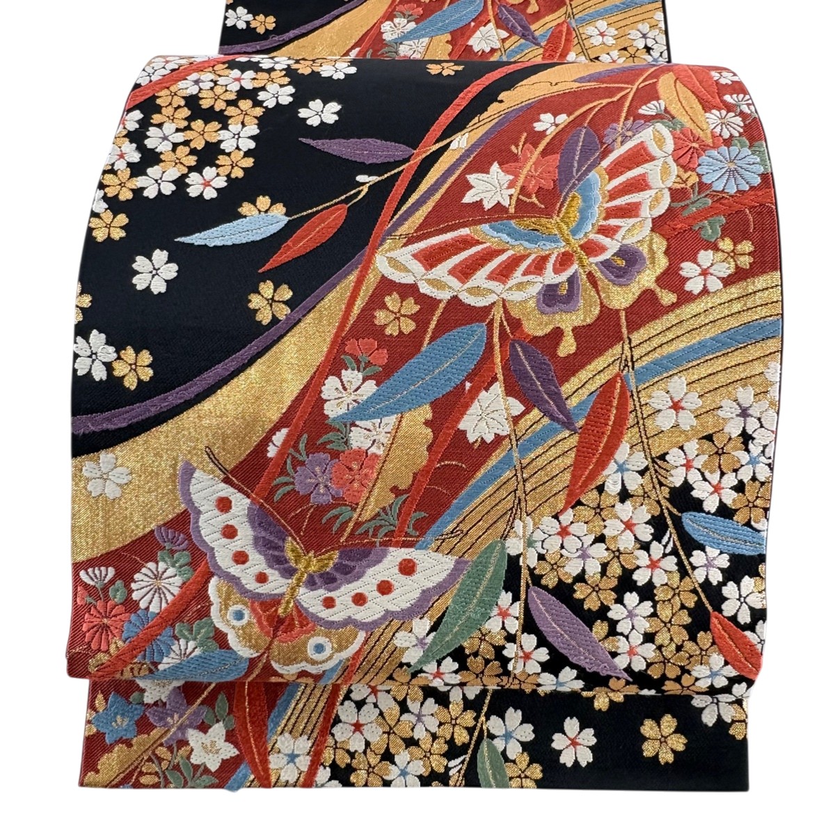 袋帯 秀品 桜 蝶 金糸 箔 黒 六通 正絹 【中古】