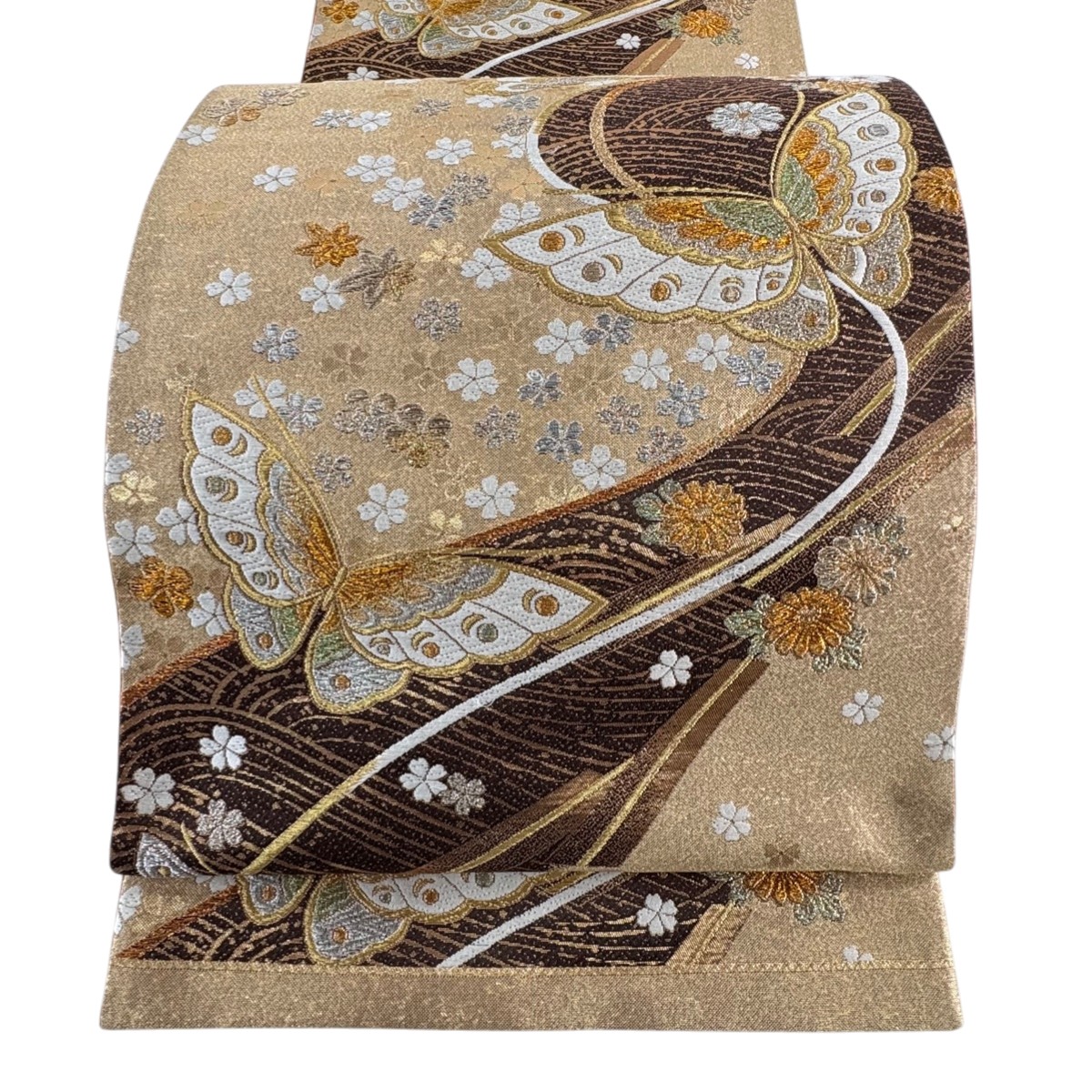 袋帯 秀品 振袖向き 蝶 菊 金銀糸 刺繍 金色 六通 正絹 【中古】