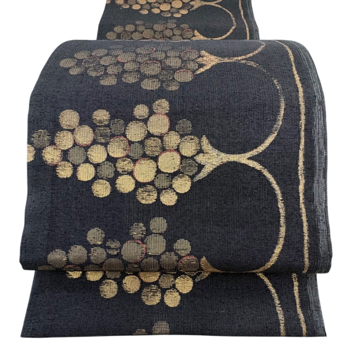 【美品】 袋帯 秀品 紬地 葡萄 箔 墨色 六通 正絹 【中古】